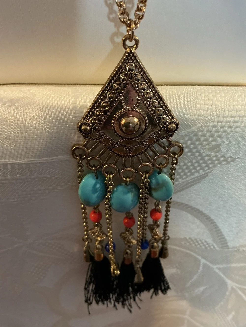 Chandelier Tassel Turquoise Color Coral Blue Bead Gold Tone Necklace